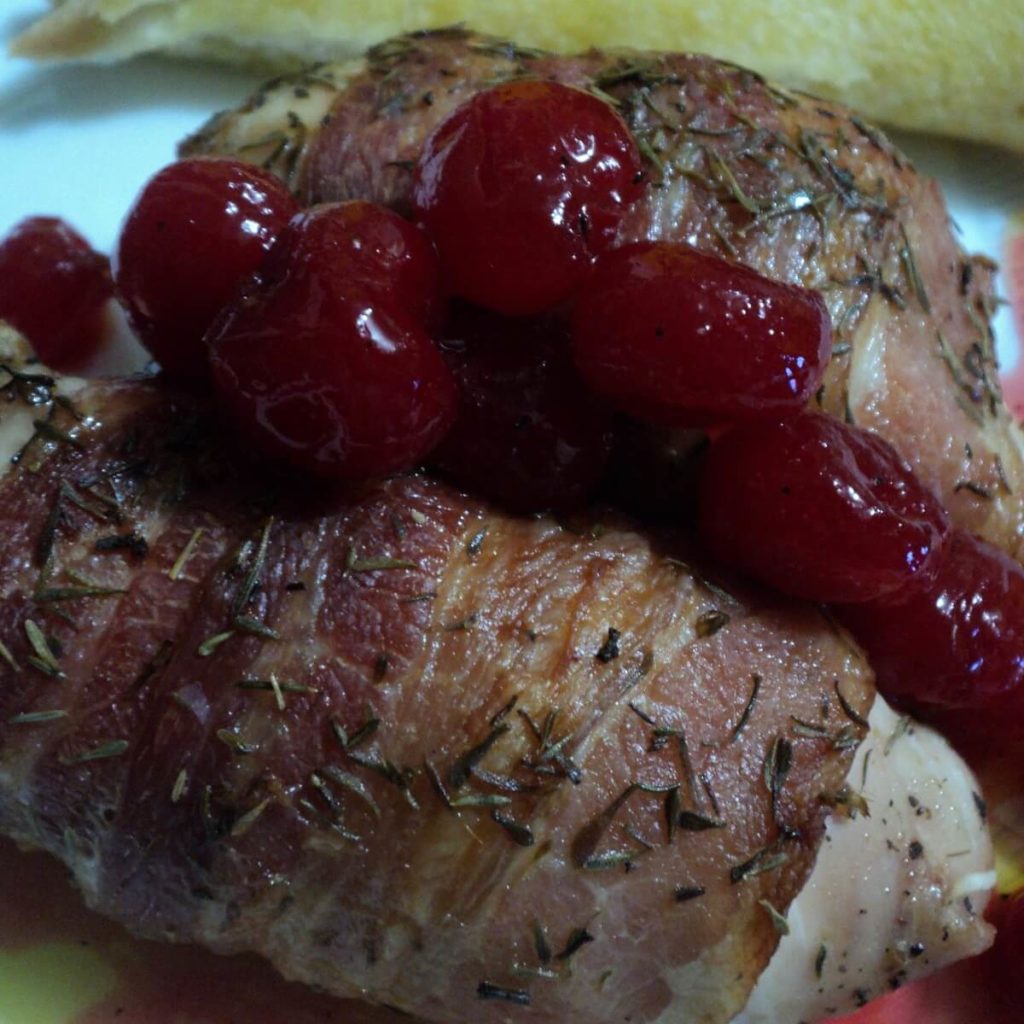 roast chicken breast wraps with bacon and cherries